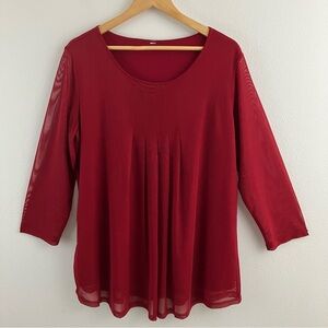 Red Blouse with Sheer Long Sleeves